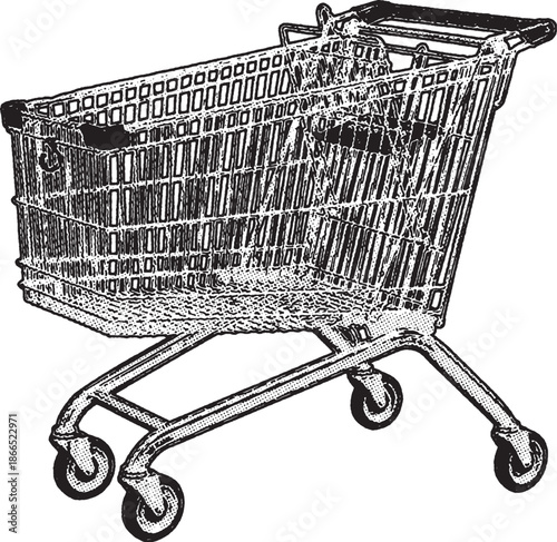 Vintage Style Shopping Cart Vector Illustration, vintage-style illustration of an empty wire shopping cart. The graphic features clean lines, realistic metal textures, and swivel wheels.