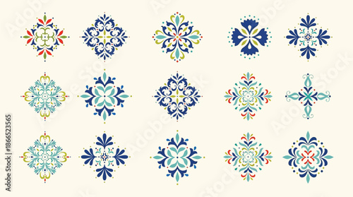 Oriental floral ornament and damask graphic elements with imperial rococo decor for seamless patterns, wrapping paper, greeting and business cards, wedding invitations, textile and t shirt prints