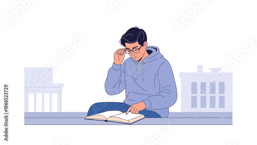 Focused Student Studying A Book Wearing Glasses In Front Of City Building