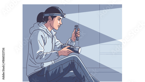 Focused Woman With Two Flashlights Exploring A Dark Space Illustration