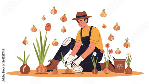 Gardener Planting Bulbs In Garden During Springtime Seasonal Horticulture