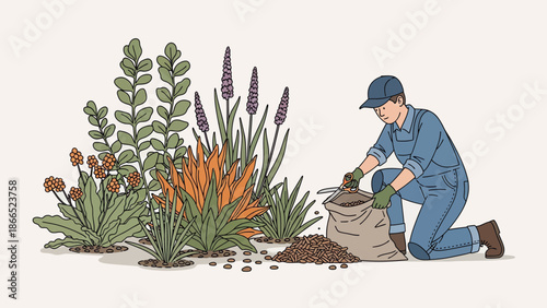 Gardener Opening A Bag Of Wood Pellets For Natural Backyard Landscaping