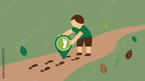 Following The Footsteps With Navigation Green Pin On Nature Trail