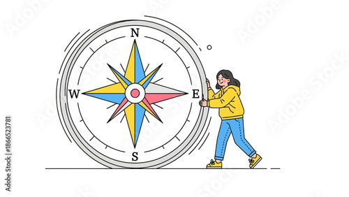 Following The Right Way With Compass For Strategy Woman Pushing Forward