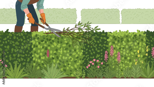 Gardener Trimming Hedge With Shears In A Lush Garden Environment For Upkeep