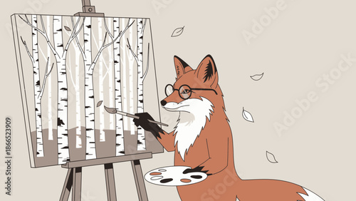 Fox Artist Painting Birch Trees On Canvas With Easel And Autumn Leaves