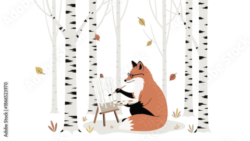 Fox In Forest Painting With Easel During Autumn Season Woodland Scene