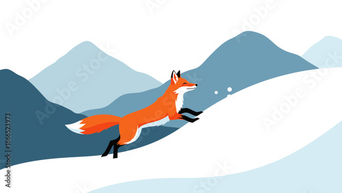 Fox Leaping On Snow Covered Mountains In Winter Season Graphic Art