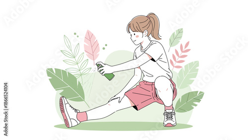 Girl Applying Sunscreen Before Outdoor Workout Routine Surrounded By Green Leaves