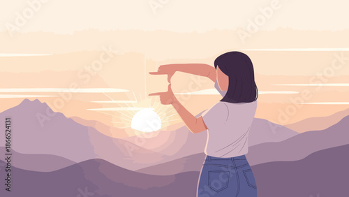 Framing The World Optimistic Perspective Woman Capturing Sunset Over Mountain Range