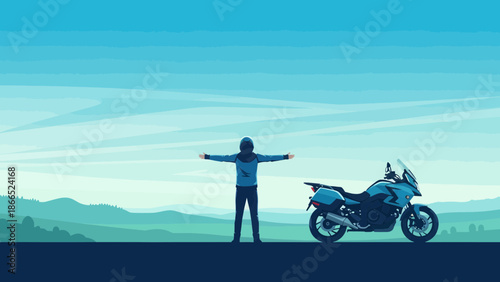 Freedom Rider Embracing Nature On Motorcycle Trip At Scenic View Point