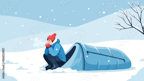 Freezing Hiker Warming Hands Beside Blue Tent In Snowy Winter Landscape