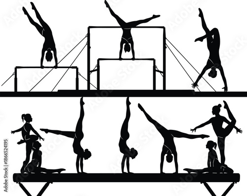 Gymnastics silhouettes collection, artistic gymnastics balance beam and uneven bars poses, athlete training illustration set, sport motion design