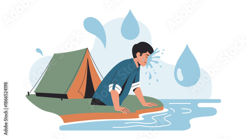 Fresh Morning: A Man Cleansing His Face with Water at Campsite