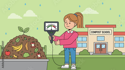 Girl Checking Compost Quality At School With Meter During A Rainy Day