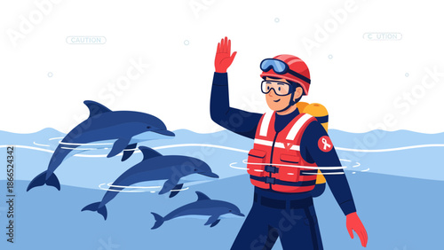 Friendly Interaction Between Marine Rescuer and Playful Dolphins in Blue Ocean Waters