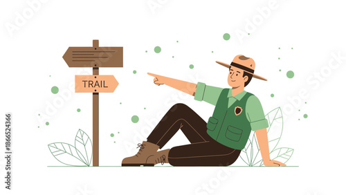 Friendly Park Ranger Advising On The Trail Direction Illustration Concept