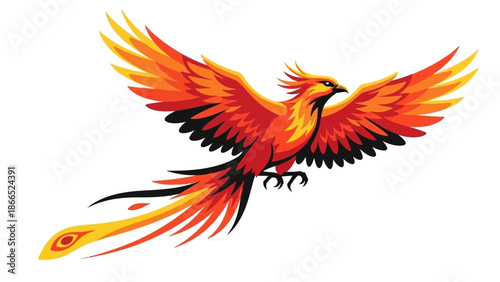 Mythical Phoenix Bird Rising with Fiery Wings on White Background