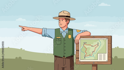 Friendly Ranger Explains Direction Near Trail Map For Travelers And Adventurers