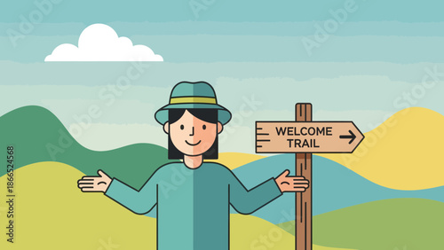 Friendly Woman Welcoming Hikers To A Scenic Trail Illustration Outdoors