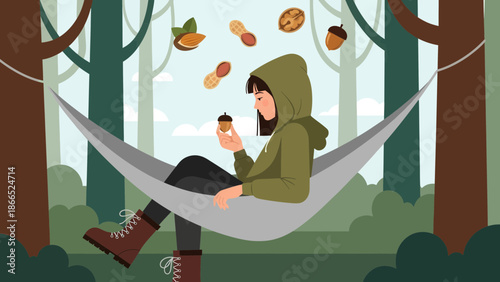 Girl In Hammock Surrounded By Nuts Enjoying A Peaceful Moment In Forest