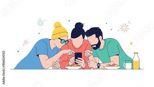 Friends Gathering Watching Funny Content On Mobile Phone With Beverages And Snacks