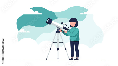 Girl Looking Through Telescope Discovering Space For Exploration Adventure