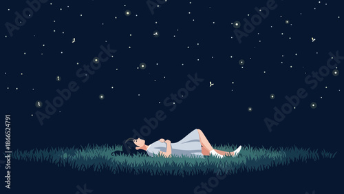 Girl Lying On Grass Gazing At Starry Night Sky Dreamy Atmosphere