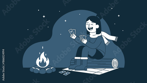 Girl Playing Cards by a Campfire Under the Stars on a Cozy Night