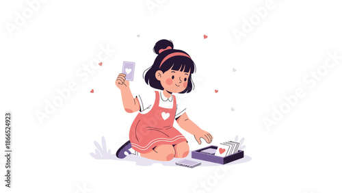Girl Playing Cards With Hearts Illustration And Small Hearts Background Isolated