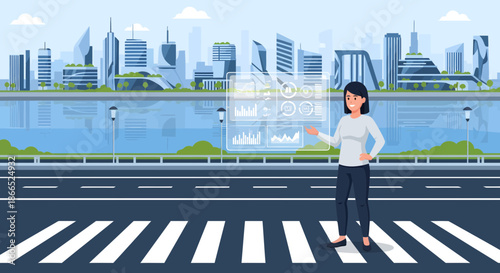 Woman Presenting Data on a Holographic Screen in Cityscape.