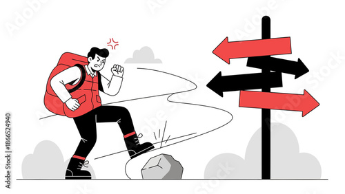 Frustrated Hiker Facing Conflicting Directions at Crossroads During Adventure