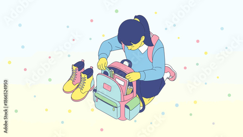 Girl Preparing Her Backpack For School In A Colorful Hand Drawn Illustration
