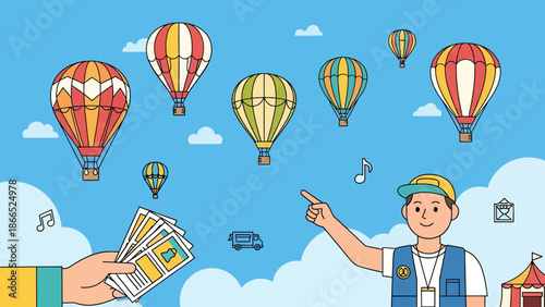 Fun Fair With Hot Air Balloons And Smiling Employee Selling Ride Tickets
