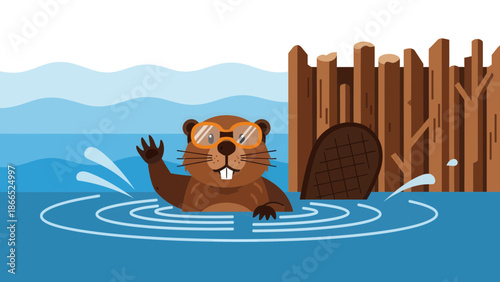 Funny Beaver Waving In The Water Next To A New Dam Construction Site