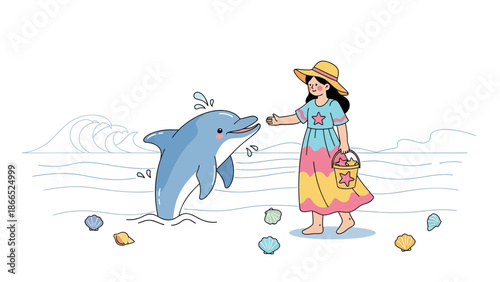 Girl Reaching Out To Play With A Friendly Dolphin On The Beach