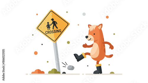 Funny Fox Kicking Rock Near Crossing Sign In Vector Isolated Cartoon Scene