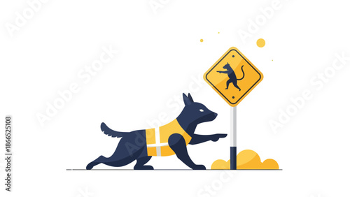 Funny Pet Scene Featuring a Dog Following a Roadside Warning Sign Cartoon