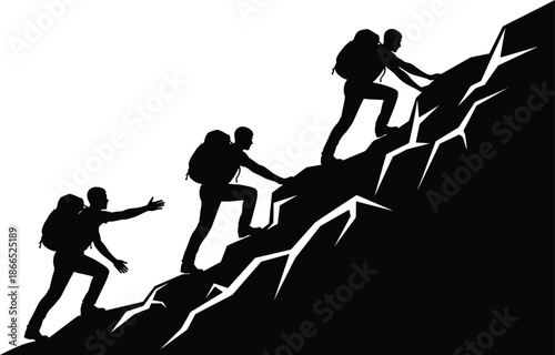 hiking, teamwork, silhouette, mountain, climber, help, pose, gesture, black, white, icon, illustration, vector, design, symbol, support, ascent, challenge, outdoor, perseverance