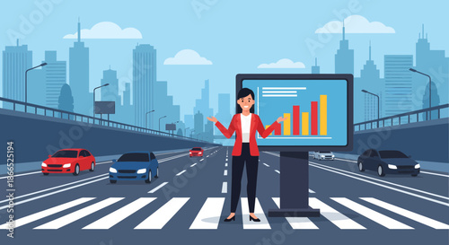 Businesswoman presenting data on a digital billboard in a city street.