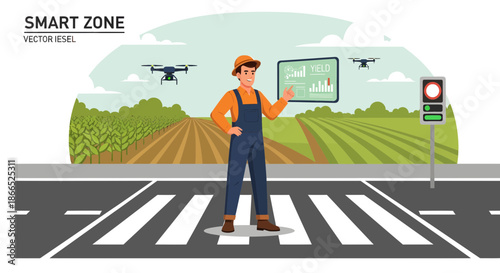 Farmer in Smart Zone with Drones and Digital Display.