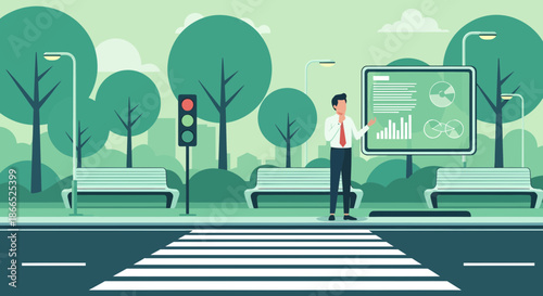 Man Analyzing Data on Interactive Display in Urban Park.