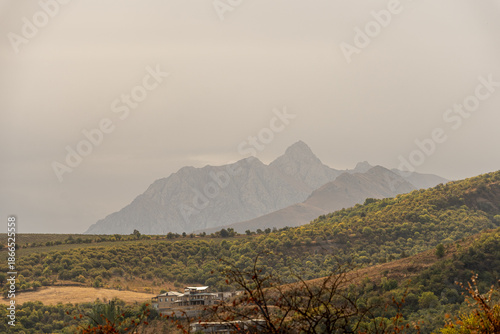 Tall mountains stand in a cloudy sky with gray tones. Green trees cover the lower slopes, showing hints of fall colors. The scene captures a quiet moment in nature.