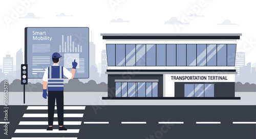 Transportation Terminal Worker Analyzing Data on Digital Display.