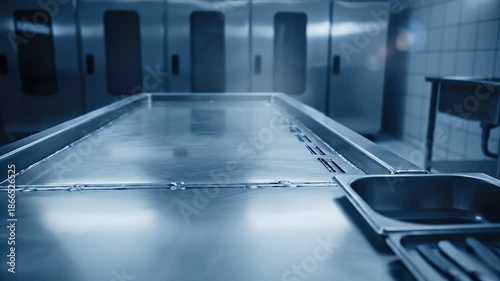 Empty Autopsy Table in Morgue - This stock video showcases an empty stainless steel autopsy table inside a morgue.