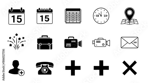 Calendar, clock, location, sparkles, briefcase, camera, telephone, envelope, person, plus, minus, cross isolated on white background, Vector
