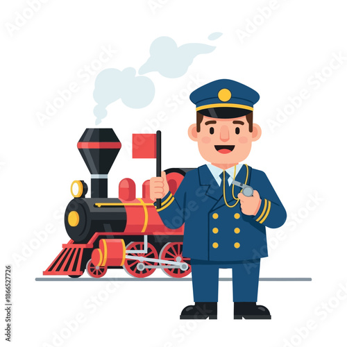 Cartoon Train Conductor in Uniform Smiling.
