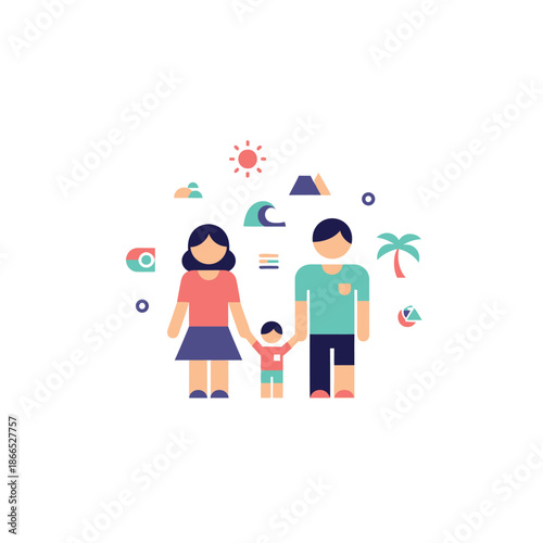 Happy Family with Vacation Icons Surrounding Them.