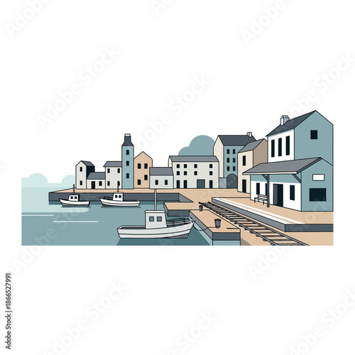 Illustration of a Harbour with Buildings and Boats.