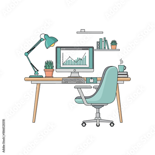 Modern Office Desk with Computer and Chair.